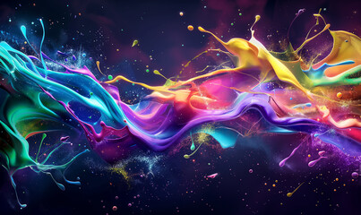 Fototapeta premium A colorful paint splash forming, splashing and swirling in vibrant hues against a dark background. The colors should be bright with shades like blue, purple, green, yellow, orange