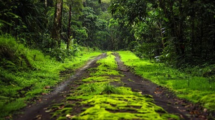 Obraz premium Close-up of a moss-covered forest road, lush greenery enveloping the path, serene and secluded, no humans
