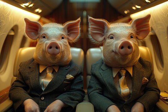 Two pigs in business suits are seated comfortably inside a luxurious private jet cabin