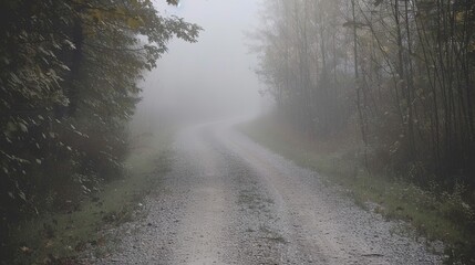 Gravel road cutting through a misty forest, close-up, fog hovering above the ground, mystical and silent, no humans 
