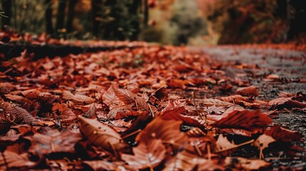Forest road covered in autumn leaves, close-up, vibrant reds and oranges scattered across the path, no peopl 