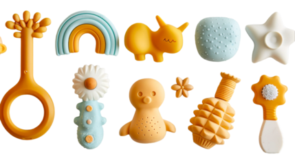 Ten colorful and textured silicone teethers for babys sensory development and teething relief