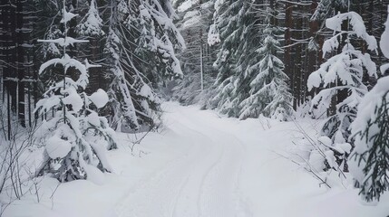 Snowy forest path, close-up, fresh snow blanketing the road, quiet and untouched winter scene, no humans