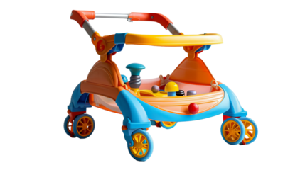 A colorful baby walker with an activity center and handle