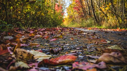 Forest road covered in autumn leaves, close-up, vibrant reds and oranges scattered across the path, no peopl