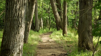Obraz premium Bridle path through an old-growth forest, close-up, worn trail flanked by ancient trees, timeless and quiet, no people 