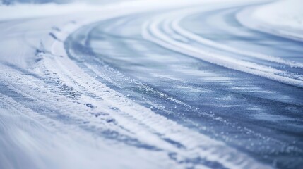 Close-up of a snowy road curve, detailed frost, soft daylight, deserted, cold blue tones, winter silence. 