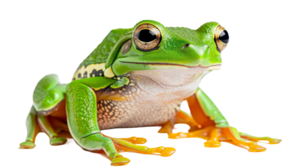 A close-up image of a green tree frog sitting on a white background