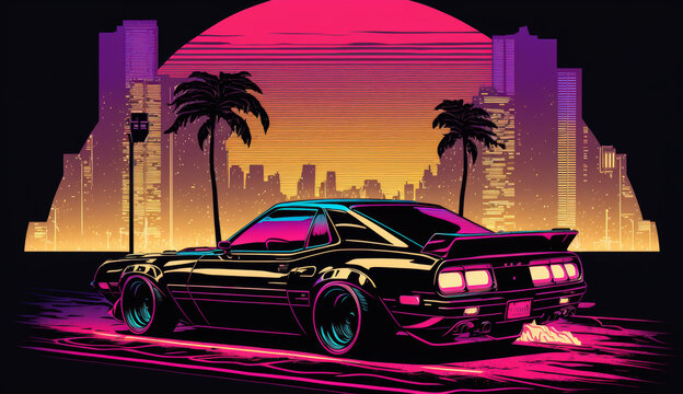 car on the beach in synthwave 80s style