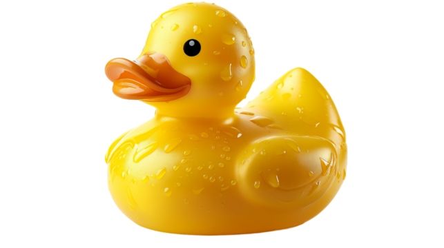 A yellow rubber duck toy with water droplets