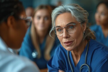 Woman conversing with male healthcare professionals in a clinic