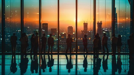 Silhouettes of people watching a city skyline at sunset from a large window. Urban and contemplative concept.