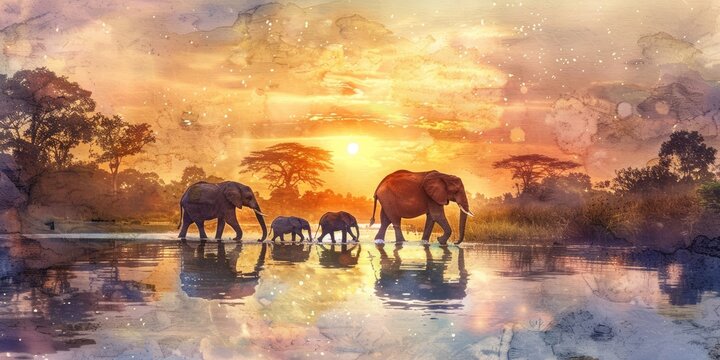 Fototapeta Elephants at Sunset Watercolor Art
