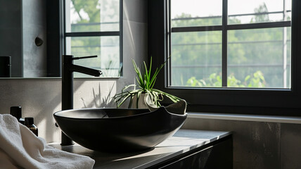 Black washbasin in the bathroom against the background of a window in daylight