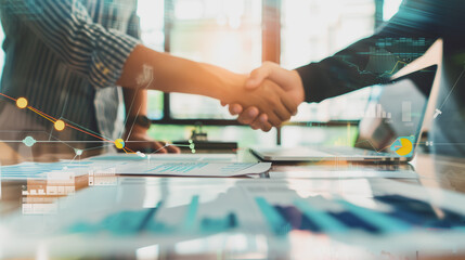 Obraz premium Close up of handshake on abstract city background.Teamwork concept. 
