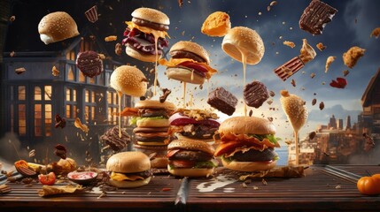 burgers falling in the air, featuring grilled meat and a variety of toppings