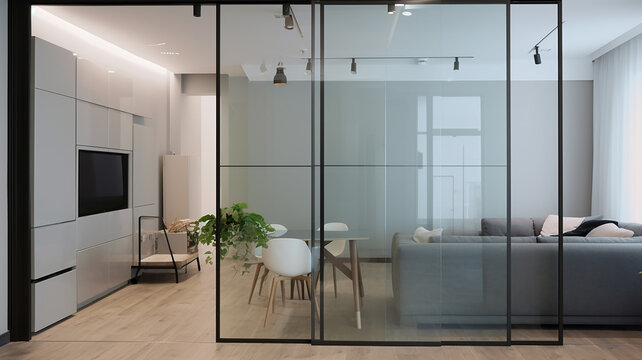 Modern interior of the apartment with glass partitions
