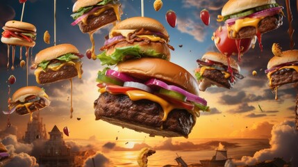 burgers falling in the air, featuring grilled meat and a variety of toppings