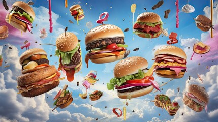 burgers falling in the air, featuring grilled meat and a variety of toppings