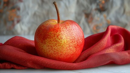 Red apple resting on a red cloth