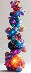 Colorful abstract DNA strand with cosmic elements and vibrant orbs forming a spiral, depicting creativity and imagination.