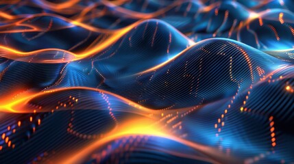 A vibrant composition of digital waves with glowing neon lines, featuring a blend of blue and orange colors.