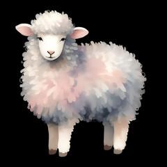 Watercolor illustration of a sheep on a black background.