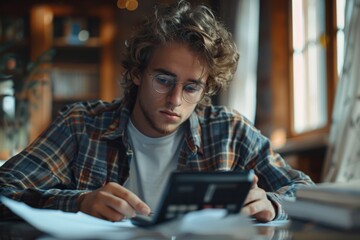 Person in spectacles utilizing a calculator at table