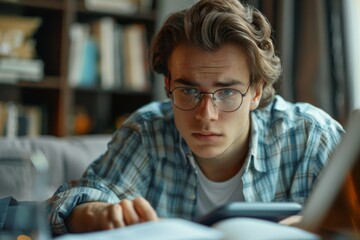 Male observer using spectacles and focusing on computer device