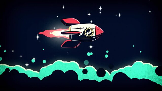 Retro rocket flies in space above clouds of cosmic dust. 2d animation