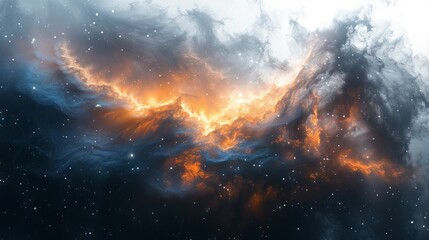 Fototapeta premium Stunning space nebula with vivid orange and blue colors, stars shining amidst the cosmic cloud. Ideal for science and astronomy-related projects.