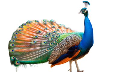 A male peacock with its tail feathers spread wide against a white background