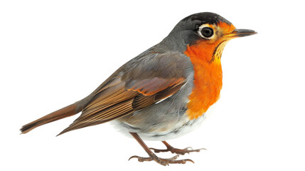 Fototapeta premium A European Robin bird with gray and orange feathers stands on a white background