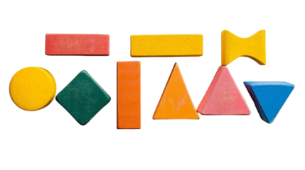 A collection of wooden geometric shapes in various colors