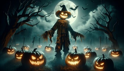 Creepy Scarecrow with Full Moon and Halloween Pumpkins