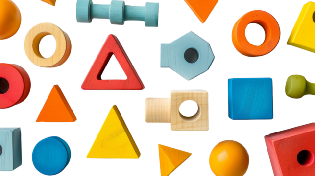 Colorful wooden shapes and objects, including circles, triangles, and squares, isolated on a white background