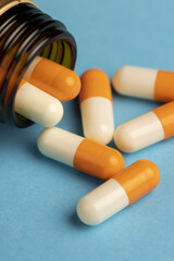 medical drugs in close-up on a blue background