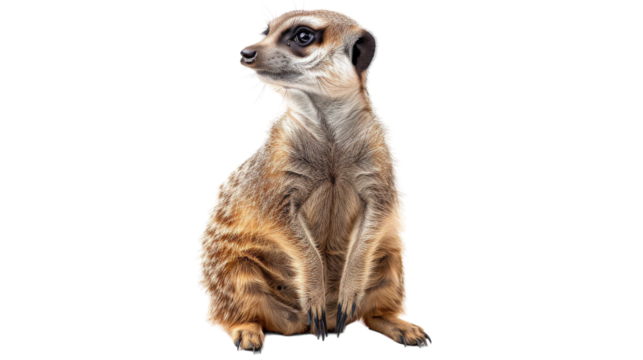 A meerkat sits upright on a white background, looking to the side