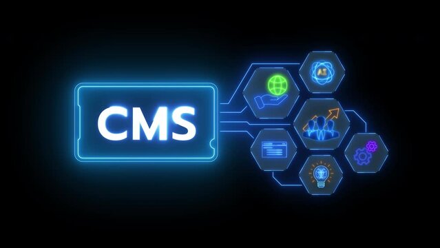 CMS, Content management system concept for business website management. Glowing neon line animated content management system icons isolated on transparent background.
