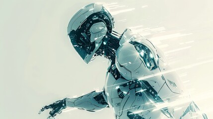 Fototapeta premium Futuristic Cybernetic Human Enhanced with Metallic Implants and Digital Interfaces in Ethereal Tones