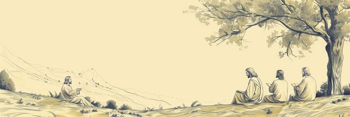 A Peaceful Meadow with Jesus Teaching the Sermon on the Mount, Biblical Illustration of Wisdom and Compassion,Christian banner