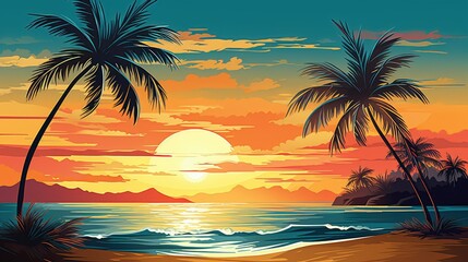 Obraz premium illustration of a tranquil morning summer beach scene with palm trees