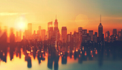 Fototapeta premium Stunning urban skyline at sunset with modern skyscrapers and a vibrant cityscape reflected in water, creating a serene and visually striking scene.