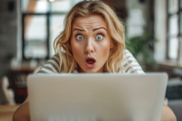 Fototapeta premium Surprised blonde woman looking at laptop screen