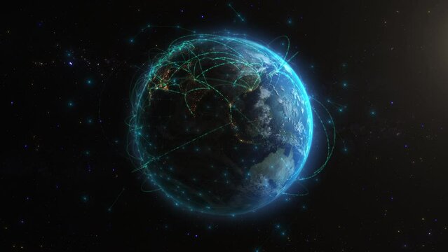 3D Earth Digital Connected Network Background. Worldwide Big Data Cloud. World Connections with Lines and City Lights. Spinning Futuristic Loopable Animation.