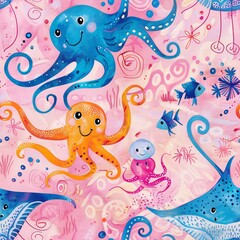A cheerful underwater pattern featuring smiling octopuses and jellyfish with a majestic manta ray. The octopuses have vibrant colors and playful expressions, while the jellyfish have swirling