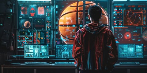 Man Observing Basketball Simulation on Digital Interface