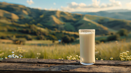 A refreshing glass of milk placed on a wooden table with a natural background. The image highlights the purity and health benefits of milk, making it suitable for dairy advertisements.