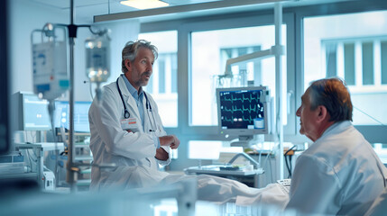 A doctor in a modern hospital in Berlin, consulting with a patient in a well-lit examination room, medical equipment and charts visible, emphasizing care and professionalism