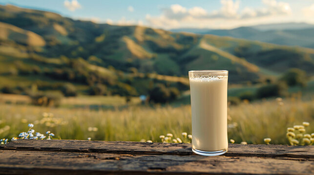 A refreshing glass of milk placed on a wooden table with a natural background. The image highlights the purity and health benefits of milk, making it suitable for dairy advertisements.